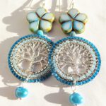 Blauwe oorbellen met levensboom zoetwaterparel 925 zilver